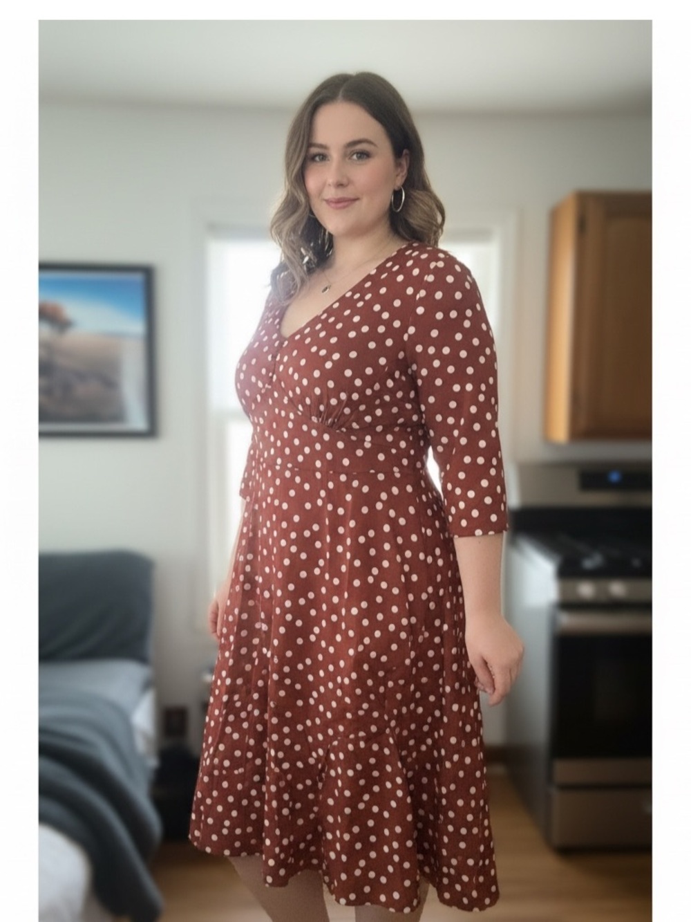 Polka Dot V-Neck Midi Dress in Rust by Magnolia - Picture 1 of 5